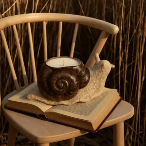 Realistic snail-shaped handmade scented candle with cashmeran and creamy caramel aromas, part of the autumn collection