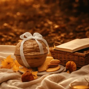 Realistic walnut-shaped scented candle with Nutcracker fragrance, handmade for autumn interior decor