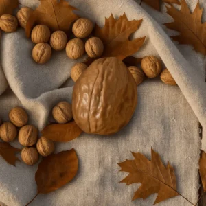 Small soy candle shaped like a natural walnut with cozy fall spice aroma