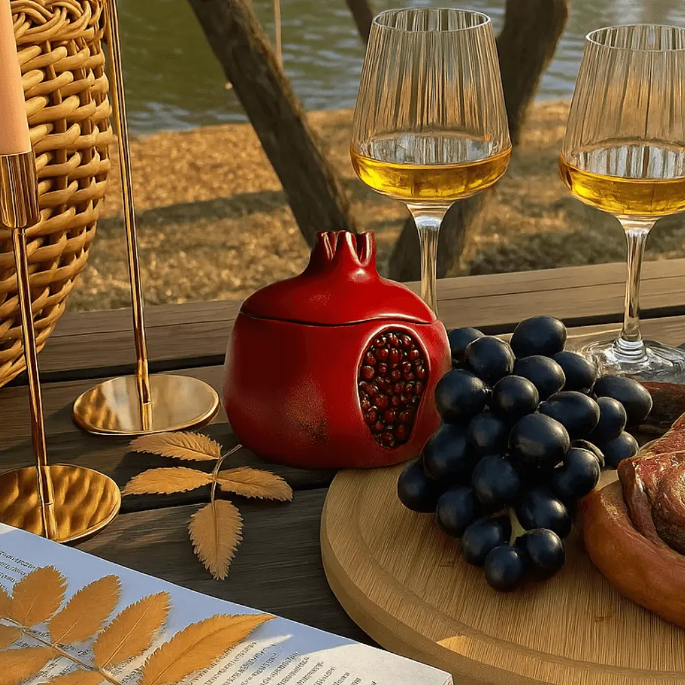 Mini pomegranate-shaped aroma candle in a burgundy and white gypsum holder with autumn scents