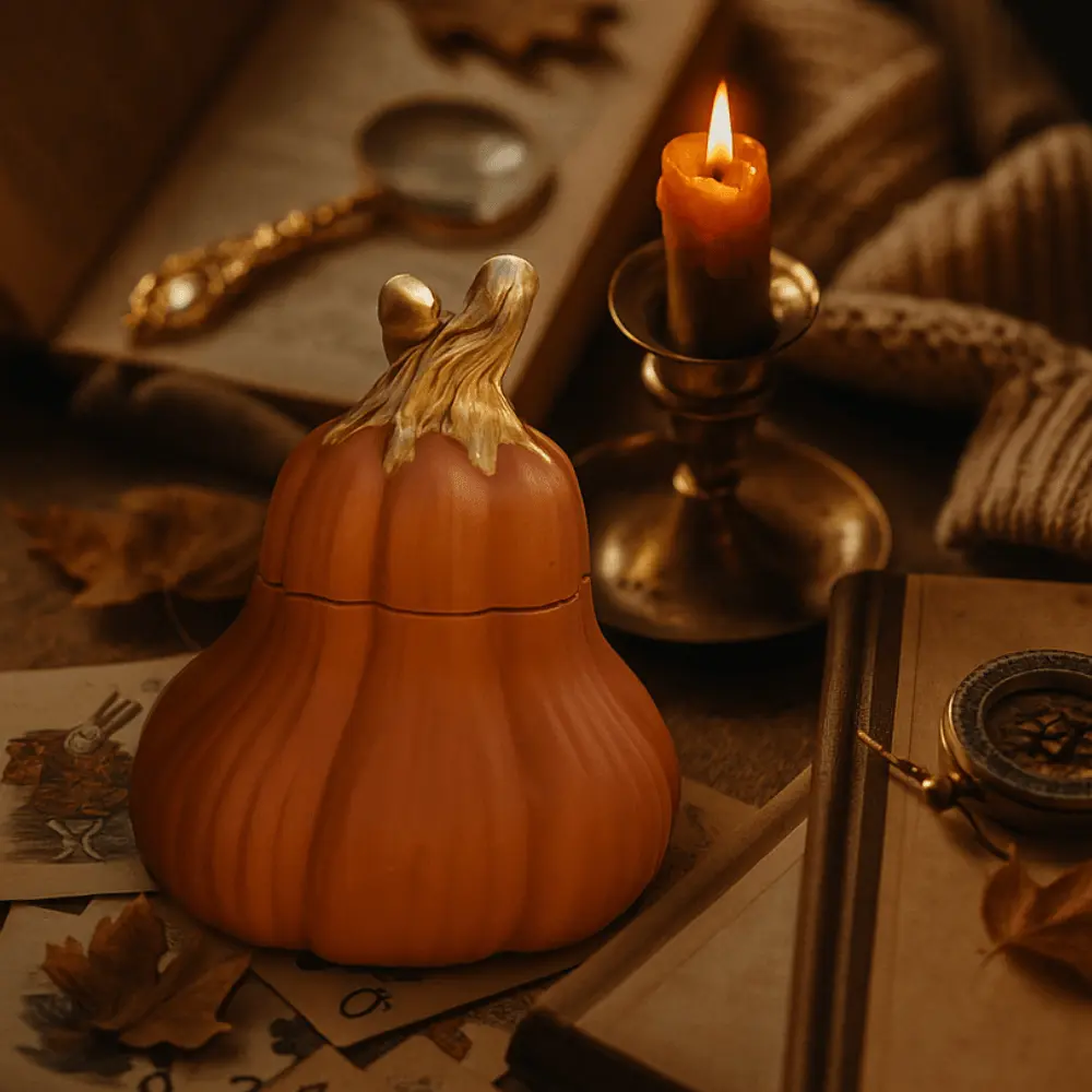 Decorative aroma candle shaped like a natural butternut squash in autumn colors