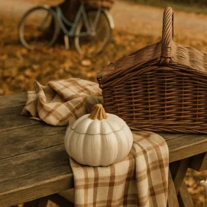 Round pumpkin-shaped scented candle with pumpkin spice aroma, perfect for cozy autumn interior decor