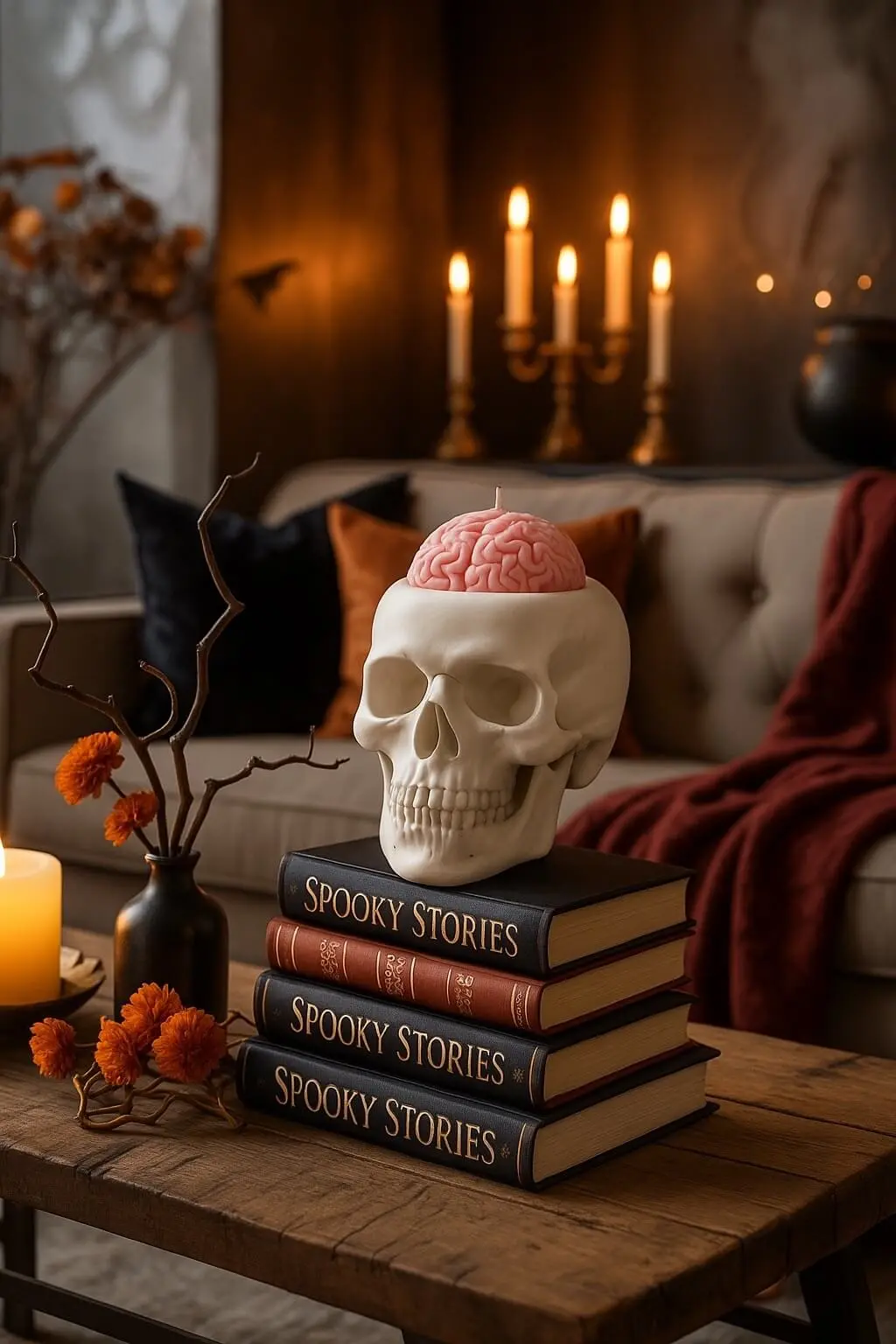 White skull candle with pink brain detail, styled on stacked spooky books in cozy Halloween living room with warm candlelight and autumn decor — perfect for gothic or horror-themed home accents