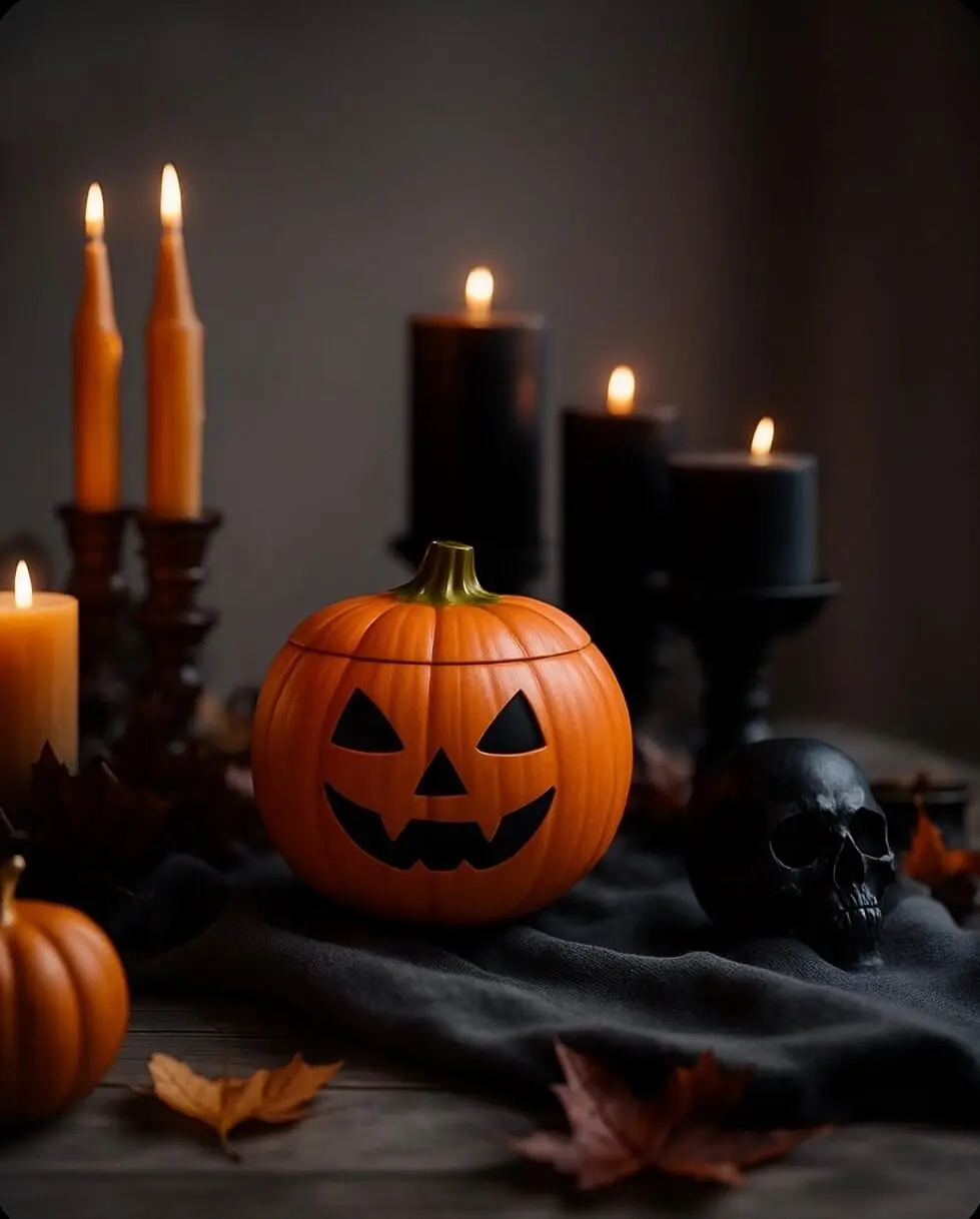 Halloween pumpkin-shaped candle with carved face, surrounded by black candles, skull and autumn leaves for spooky decor