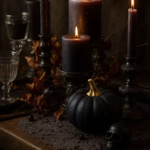 Halloween pumpkin-shaped candle with carved face, surrounded by black candles, skull and autumn leaves for spooky decor