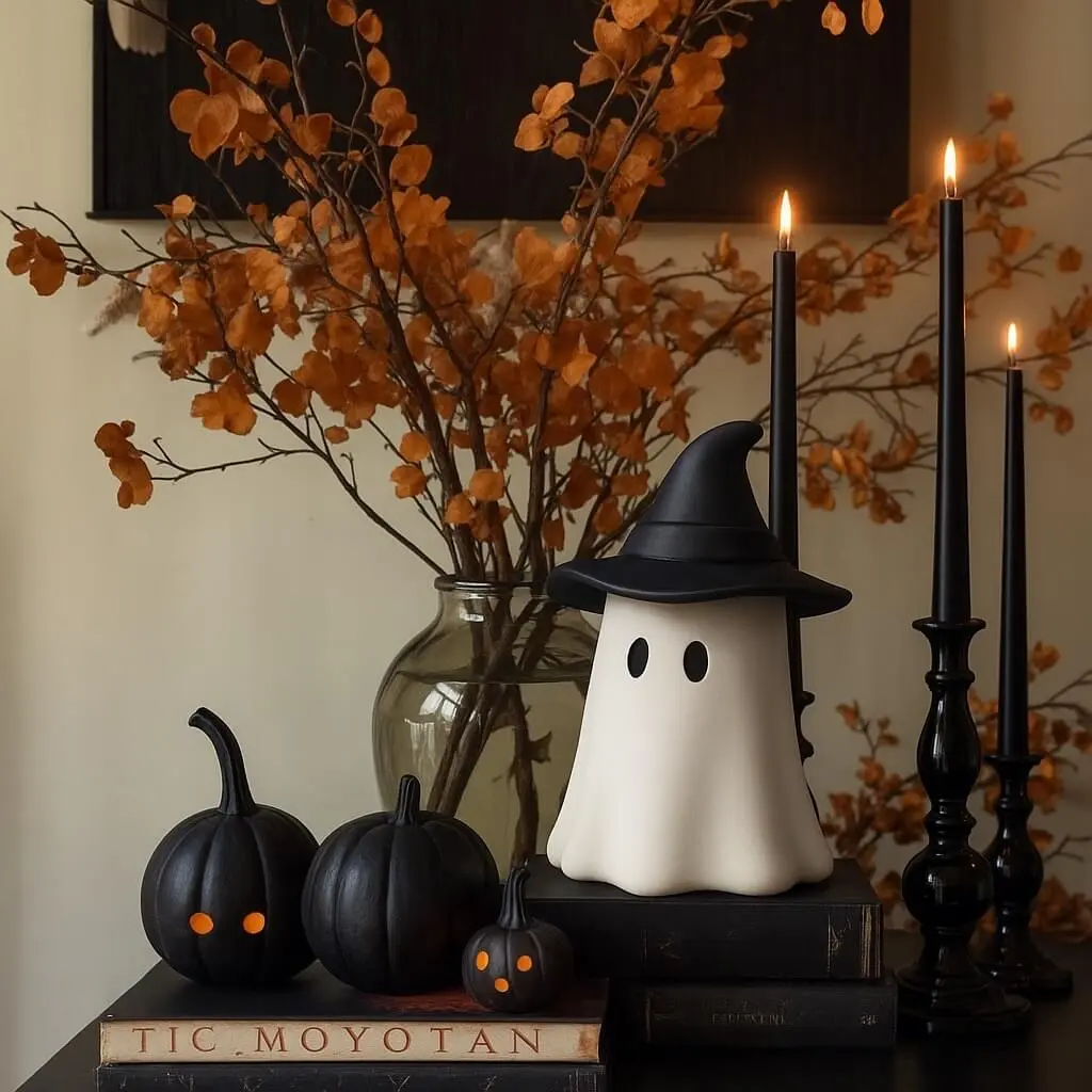 Halloween ghost-shaped scented candle with witch hat, surrounded by autumn decor and black candles