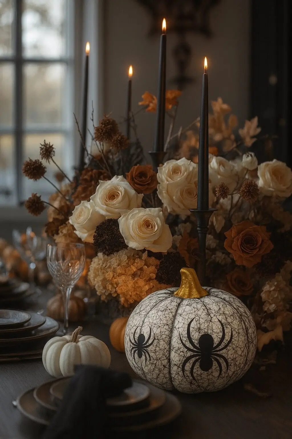 Handmade Halloween pumpkin candle with spider print and gold stem, perfect for spooky yet elegant table decor with flowers and candles