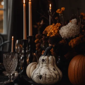 Spooky gourd candle with spider print for Halloween table decor, unique handmade centerpiece for fall gatherings and gothic home styling