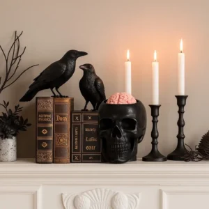 Black skull candle with pink brain detail, styled on Halloween mantel with gothic books, ravens, and black candle holders — spooky decor for horror lovers
