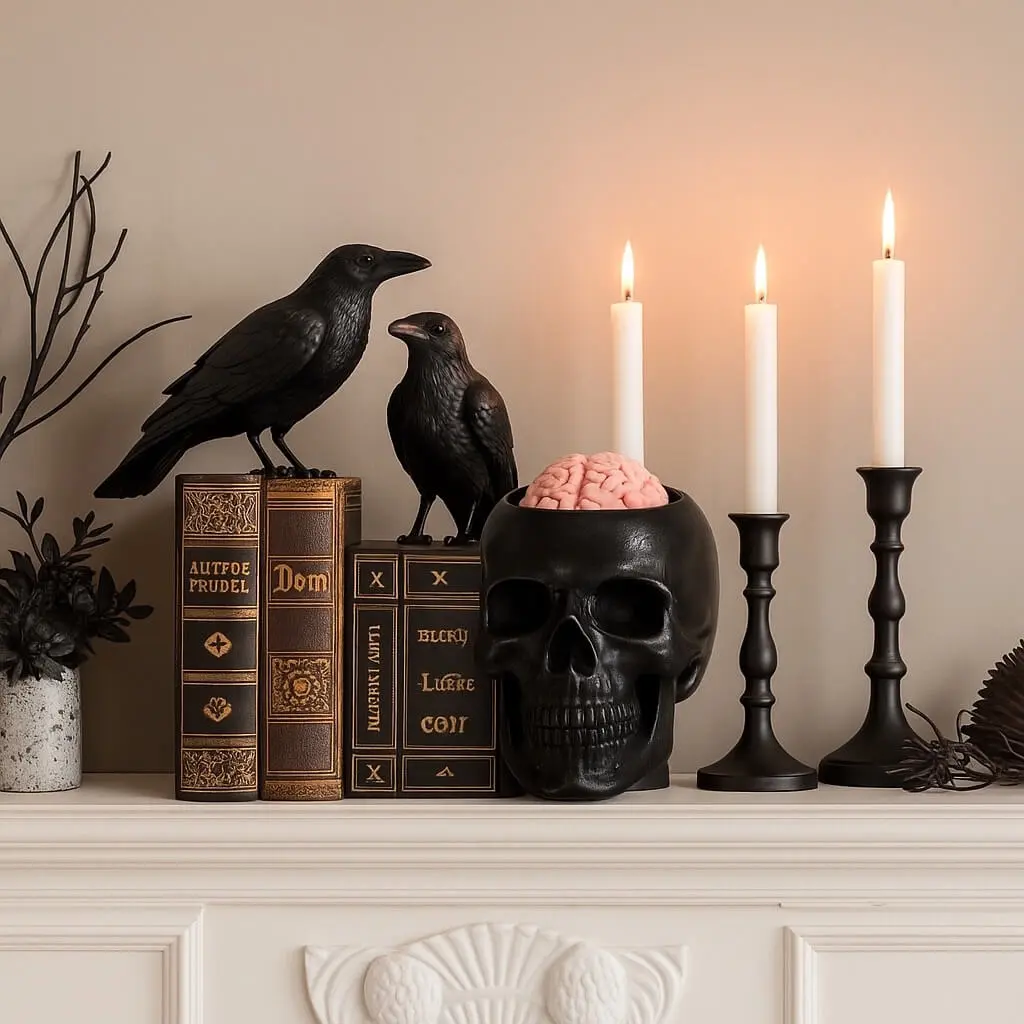 Black skull candle with pink brain detail, styled on Halloween mantel with gothic books, ravens, and black candle holders — spooky decor for horror lovers