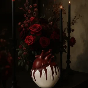 Handmade anatomical heart candle with blood drip effect on white base, styled with black taper candles and moody floral arrangement — perfect for gothic, Halloween or dark romantic decor