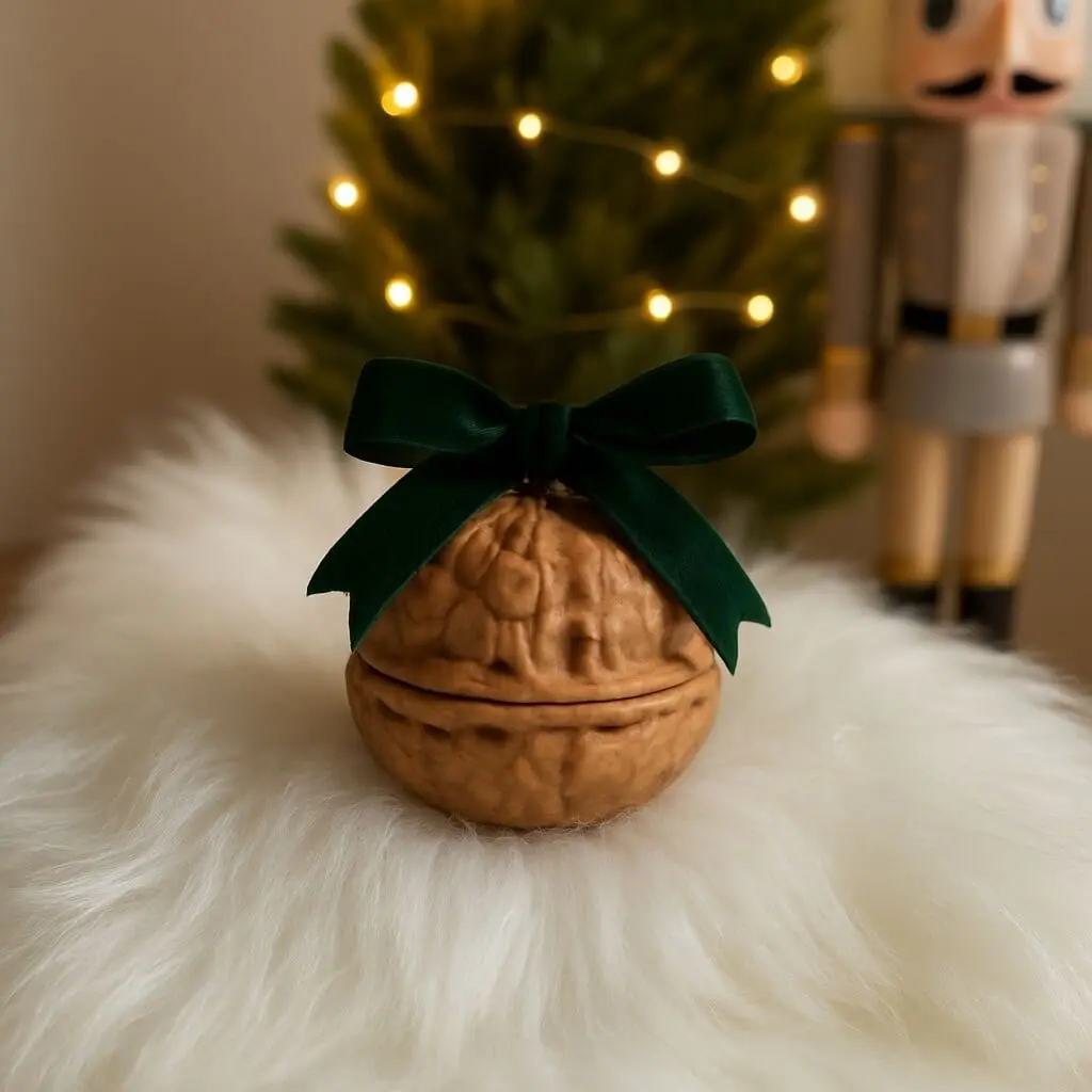 Small walnut-shaped decorative jar with dark green velvet ribbon bow, displayed on white faux fur with Christmas tree and nutcracker in background
