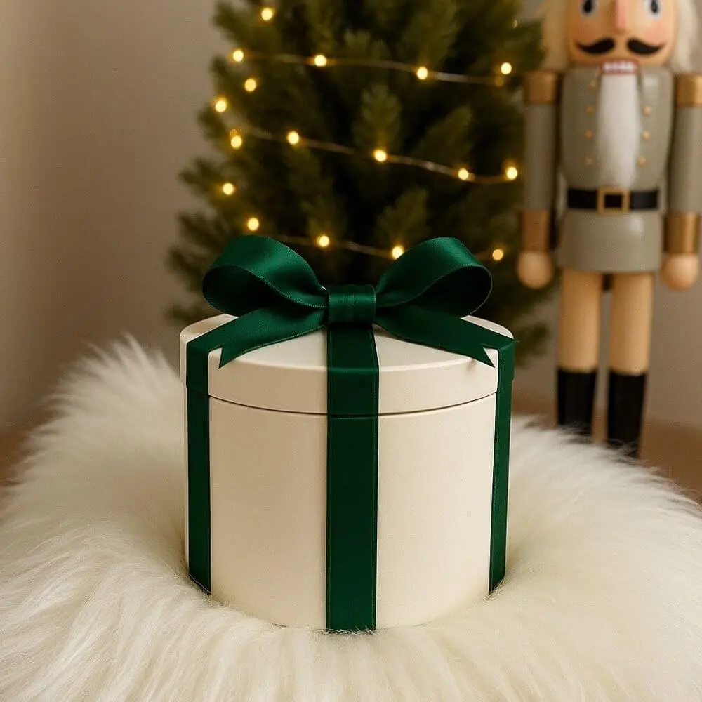 Round white gift box candle tied with emerald green satin ribbon, placed on soft faux fur in front of Christmas tree with lights