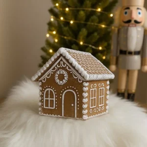 Festive gingerbread house-shaped candle jar with white icing-like details – perfect for holiday decoration or gifting