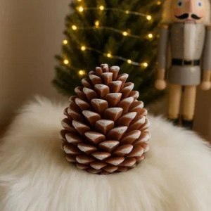 Brown pinecone-shaped candle with frosted white tips — cozy winter or holiday decoration