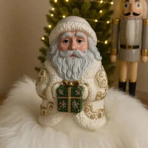 Elegant Santa Claus candle dressed in white and gold, holding a green present with snowflake design