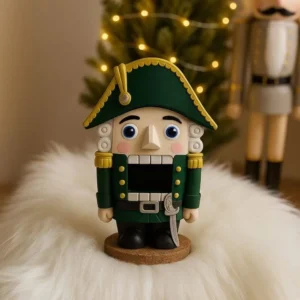 Green nutcracker-shaped candle with gold and white details — whimsical holiday decor or Christmas gift