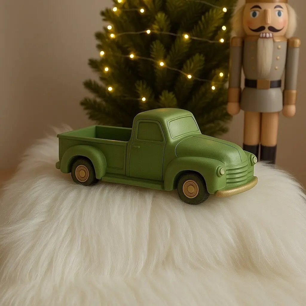 Green candle in the shape of a vintage pickup truck with gold accents — festive holiday home decor