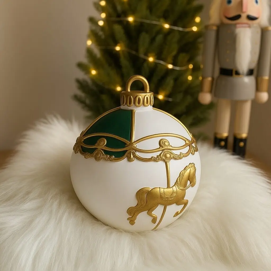 Elegant Christmas candle shaped like a white ornament with golden carousel horse and green accents — festive decorative gift