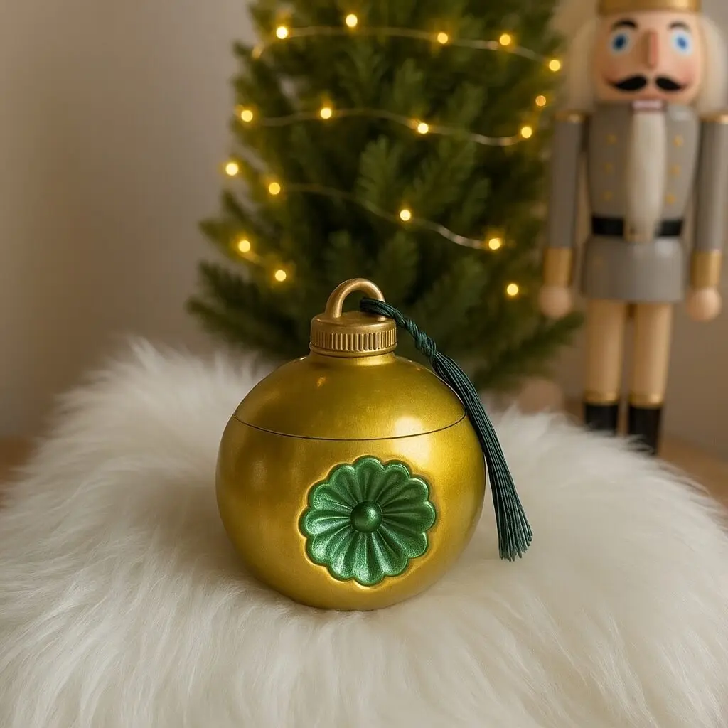 Gold Christmas ornament-shaped candle with green decorative flower and tassel — festive scented decor