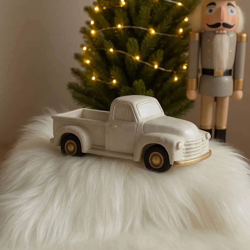 White candle shaped like a vintage pickup truck with gold details — festive holiday decor