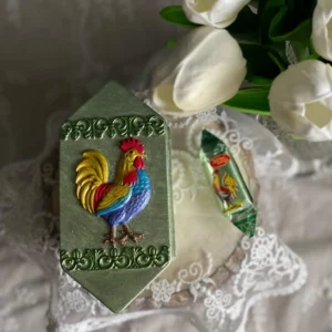 Scented candy-shaped candle with colorful vintage rooster design, nostalgic handmade home decor.