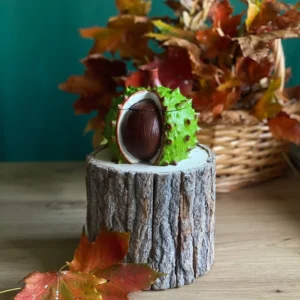 Handmade scented chestnut-shaped candle in a green spiky husk, styled with autumn leaves on a rustic wood stand.