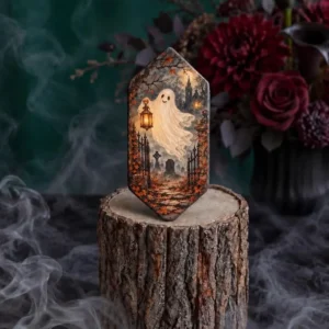 Handmade scented candle in a candy shape, decorated with a cute ghost holding a lantern, displayed on a wooden stump with Halloween smoke and dark red flowers in the background.