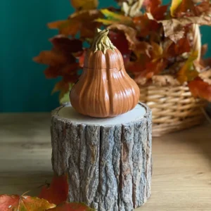 Handmade scented pumpkin-shaped candle with warm brown tones and gold stem, styled with autumn leaves.
