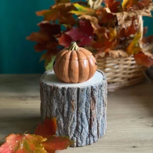 Handmade scented pumpkin-shaped candle in warm orange tones with a gold stem, styled with autumn leaves.