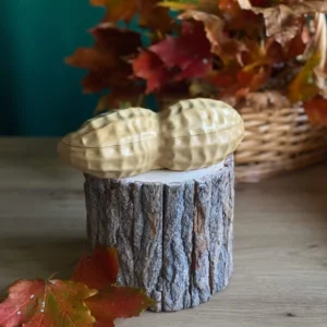 Handmade scented peanut-shaped candle in a natural beige tone, styled with autumn leaves on a rustic wood stand.